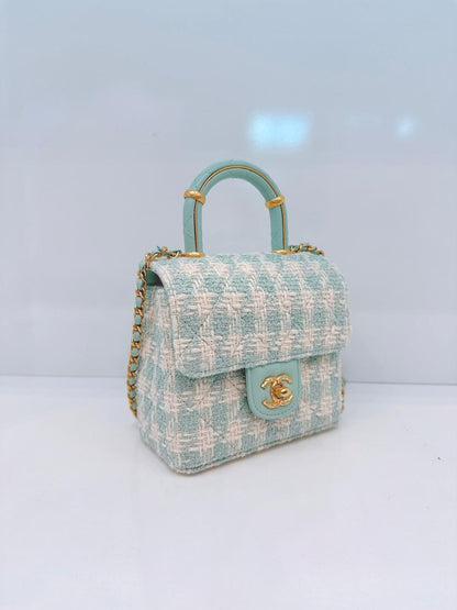 MINI SQUARE FLAP WITH TOP HANDLE  - LAMB TIFFANY BLUE ECRU TWEED GOLD HARDWARE