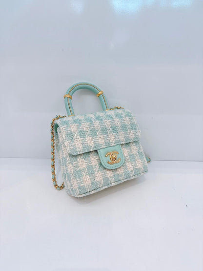MINI SQUARE FLAP WITH TOP HANDLE  - LAMB TIFFANY BLUE ECRU TWEED GOLD HARDWARE