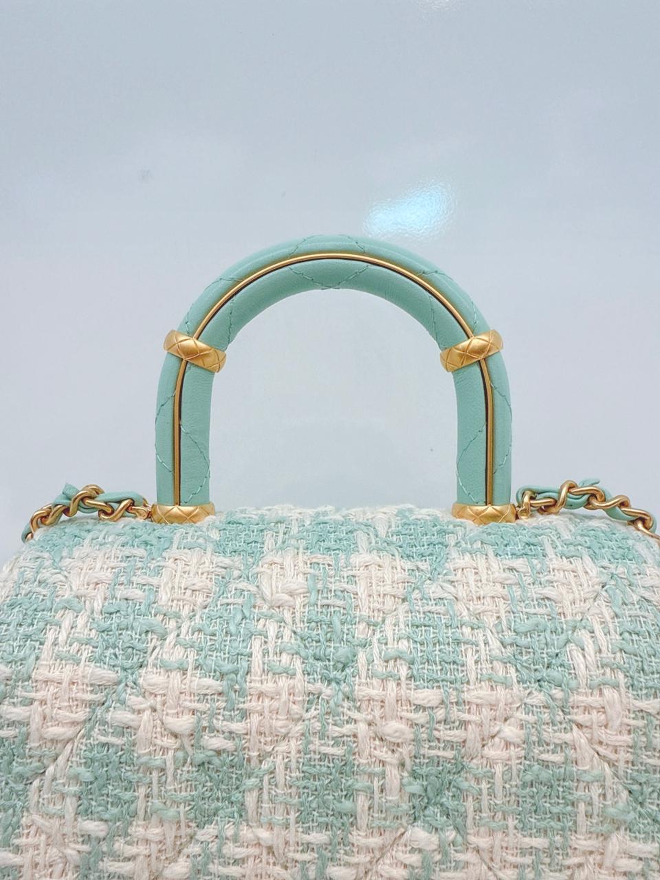 MINI SQUARE FLAP WITH TOP HANDLE  - LAMB TIFFANY BLUE ECRU TWEED GOLD HARDWARE