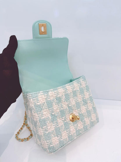 MINI SQUARE FLAP WITH TOP HANDLE  - LAMB TIFFANY BLUE ECRU TWEED GOLD HARDWARE