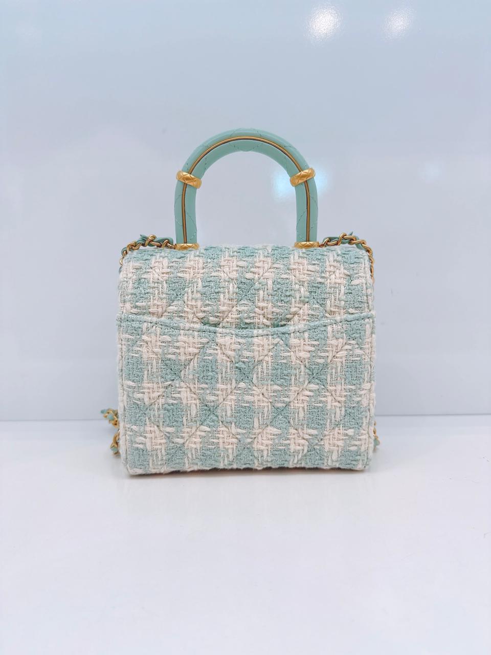 MINI SQUARE FLAP WITH TOP HANDLE  - LAMB TIFFANY BLUE ECRU TWEED GOLD HARDWARE