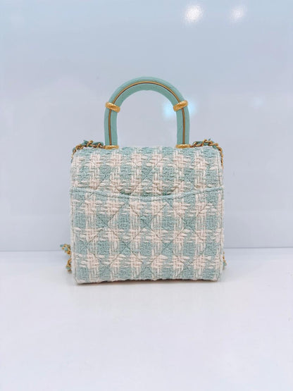 MINI SQUARE FLAP WITH TOP HANDLE  - LAMB TIFFANY BLUE ECRU TWEED GOLD HARDWARE