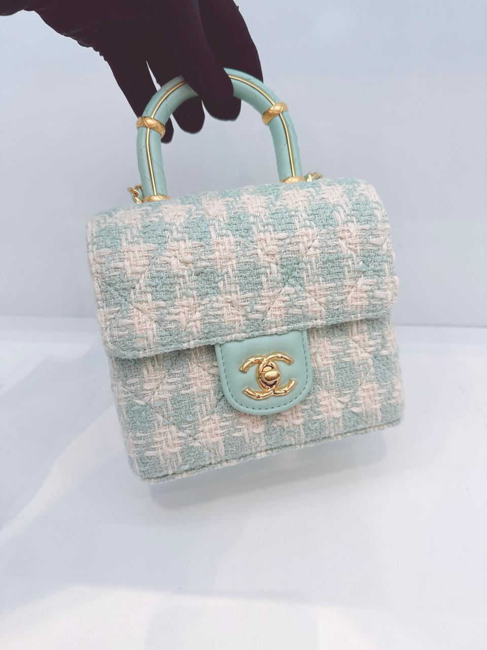 MINI SQUARE FLAP WITH TOP HANDLE  - LAMB TIFFANY BLUE ECRU TWEED GOLD HARDWARE