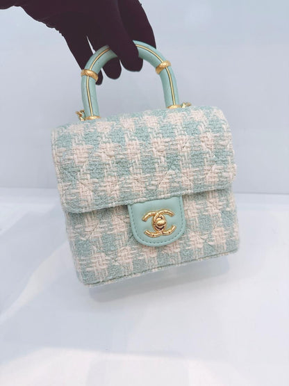 MINI SQUARE FLAP WITH TOP HANDLE  - LAMB TIFFANY BLUE ECRU TWEED GOLD HARDWARE