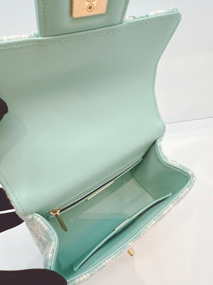 MINI SQUARE FLAP WITH TOP HANDLE  - LAMB TIFFANY BLUE ECRU TWEED GOLD HARDWARE