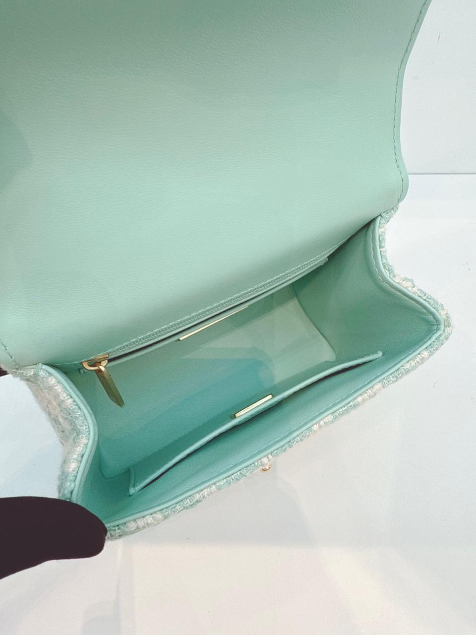 MINI SQUARE FLAP WITH TOP HANDLE  - LAMB TIFFANY BLUE ECRU TWEED GOLD HARDWARE