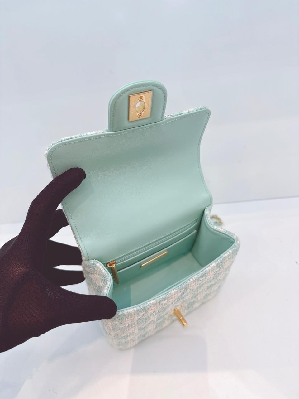 MINI SQUARE FLAP WITH TOP HANDLE  - LAMB TIFFANY BLUE ECRU TWEED GOLD HARDWARE