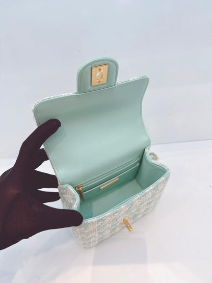 MINI SQUARE FLAP WITH TOP HANDLE  - LAMB TIFFANY BLUE ECRU TWEED GOLD HARDWARE