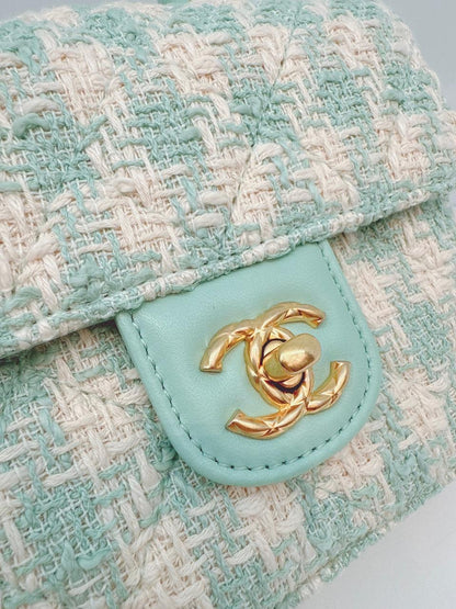 MINI SQUARE FLAP WITH TOP HANDLE  - LAMB TIFFANY BLUE ECRU TWEED GOLD HARDWARE