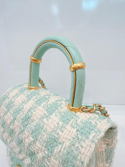 MINI SQUARE FLAP WITH TOP HANDLE  - LAMB TIFFANY BLUE ECRU TWEED GOLD HARDWARE