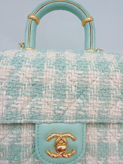 MINI SQUARE FLAP WITH TOP HANDLE  - LAMB TIFFANY BLUE ECRU TWEED GOLD HARDWARE