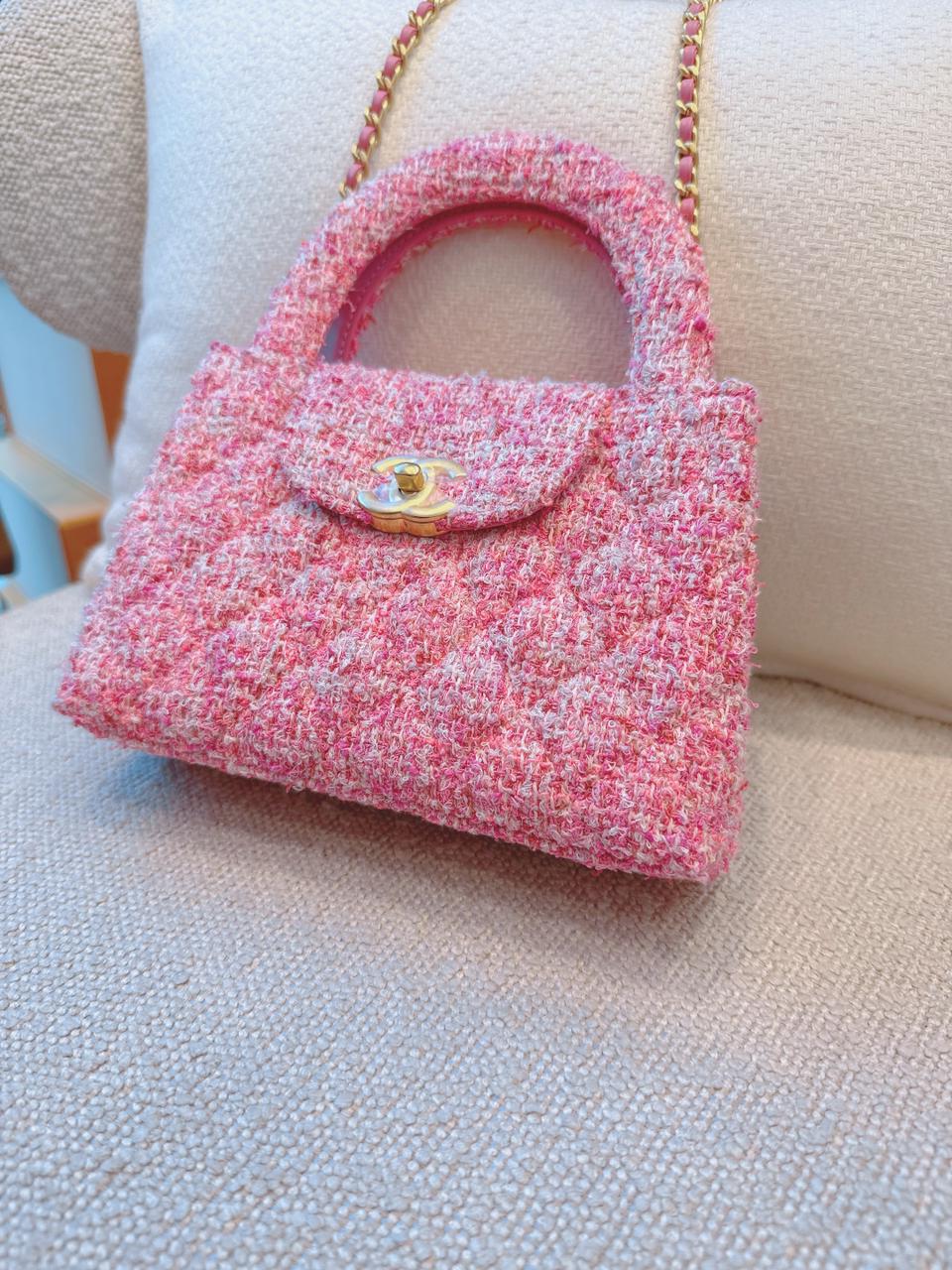 PINK TWEED MINI KELLY SHOPPER BAG GOLD TONE HARDWARE