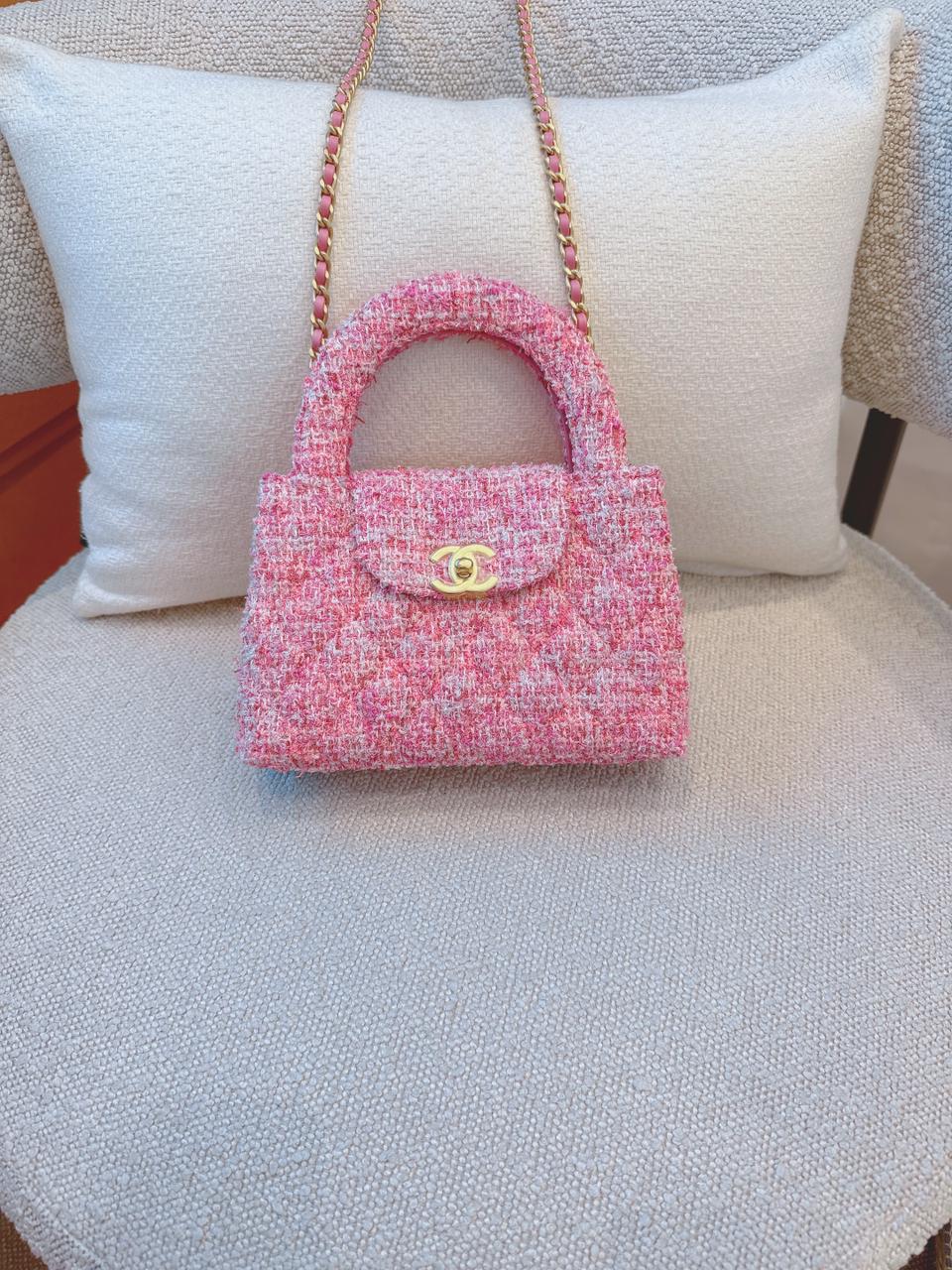 PINK TWEED MINI KELLY SHOPPER BAG GOLD TONE HARDWARE