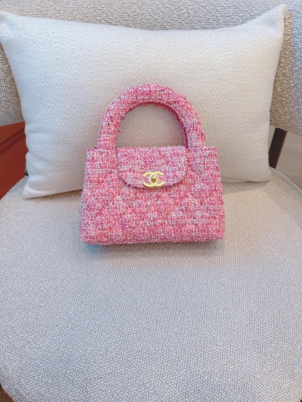 PINK TWEED MINI KELLY SHOPPER BAG GOLD TONE HARDWARE