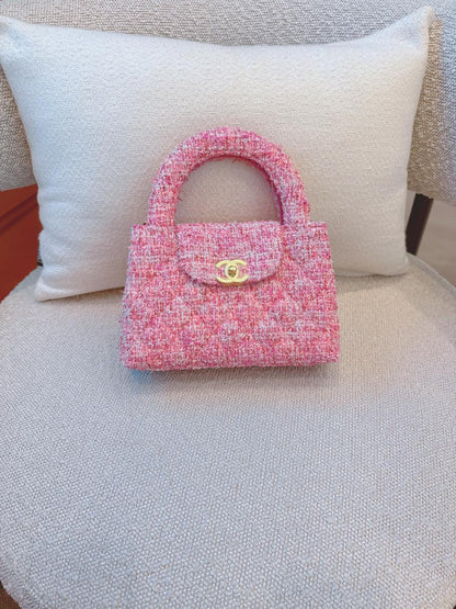 PINK TWEED MINI KELLY SHOPPER BAG GOLD TONE HARDWARE