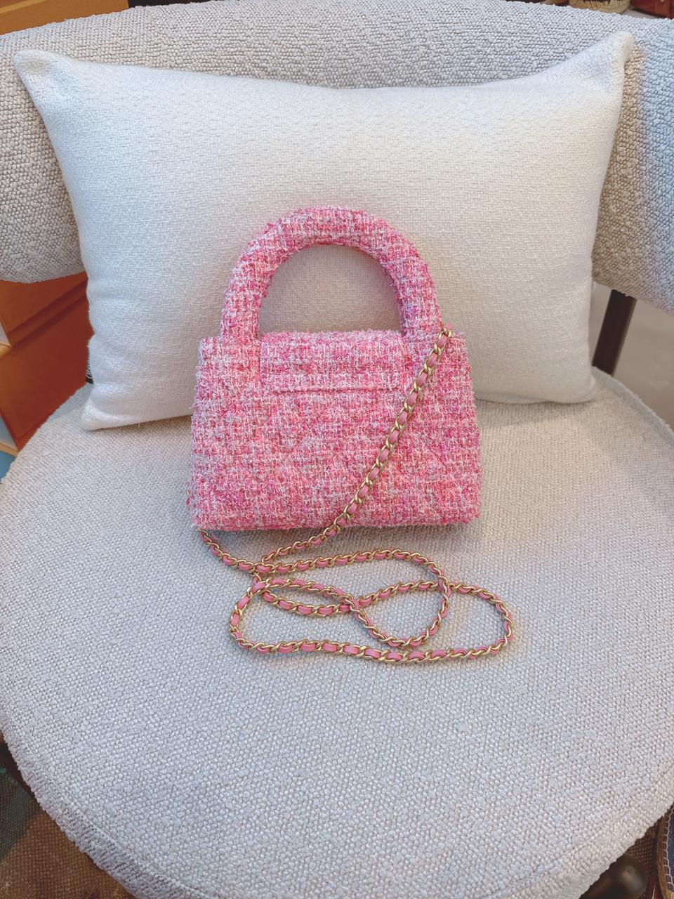 PINK TWEED MINI KELLY SHOPPER BAG GOLD TONE HARDWARE