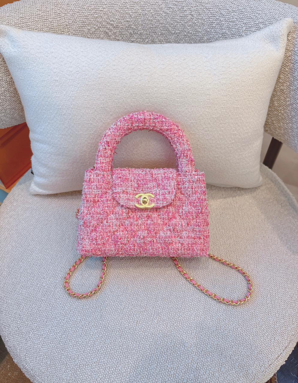 PINK TWEED MINI KELLY SHOPPER BAG GOLD TONE HARDWARE
