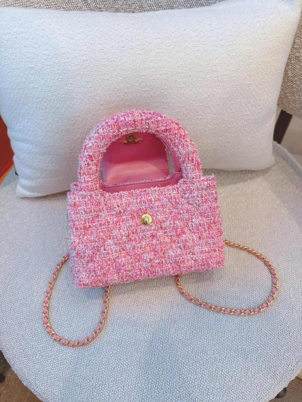 PINK TWEED MINI KELLY SHOPPER BAG GOLD TONE HARDWARE