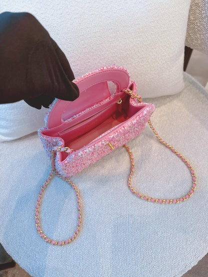 PINK TWEED MINI KELLY SHOPPER BAG GOLD TONE HARDWARE