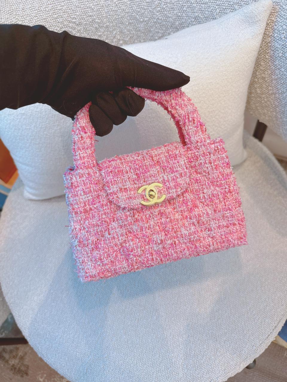 PINK TWEED MINI KELLY SHOPPER BAG GOLD TONE HARDWARE