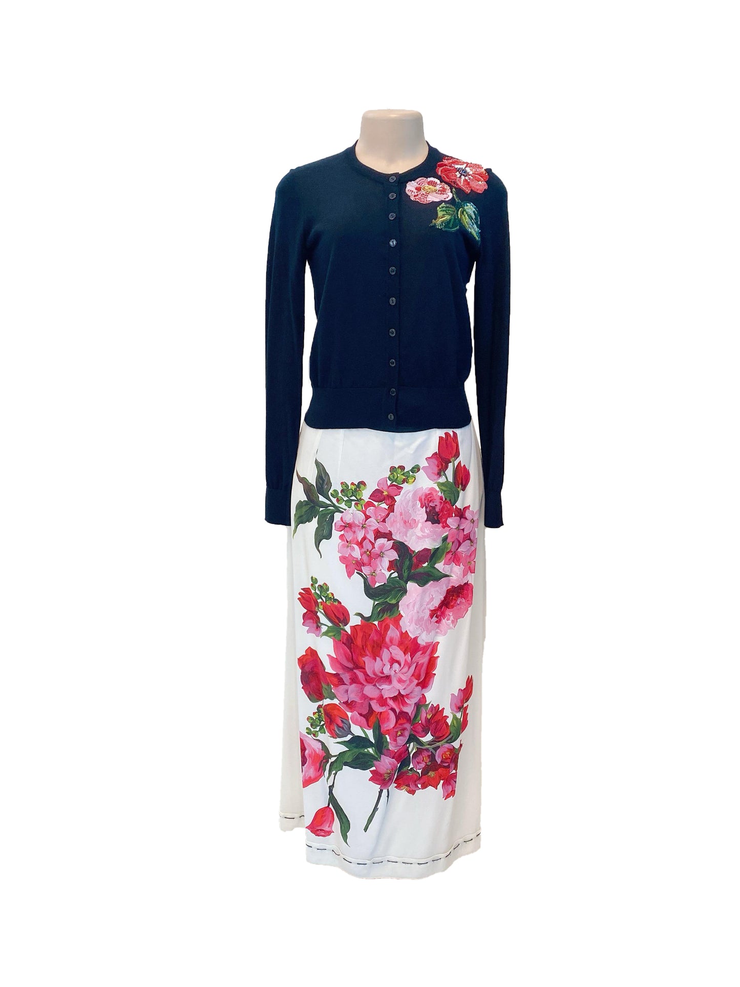 BLACK WITH FLORAL SEQUINS EMBELLISHED AND WHITE PEONY PRINT SKIRT