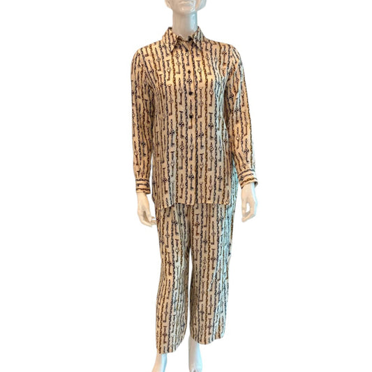 CREAM BEIGE LV CHAIN PATTERN PRINT SILK LONG SLEEVES SHIRT AND PANTS SET 36/38