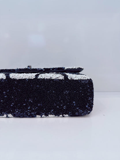 DARK BLUE AND WHITE SEQUINS MEDIUM FLAP BAG