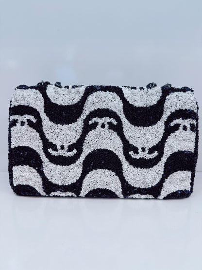 DARK BLUE AND WHITE SEQUINS MEDIUM FLAP BAG