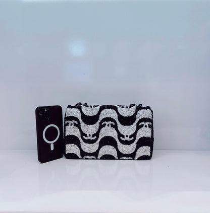 DARK BLUE AND WHITE SEQUINS MEDIUM FLAP BAG