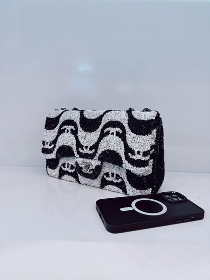 DARK BLUE AND WHITE SEQUINS MEDIUM FLAP BAG