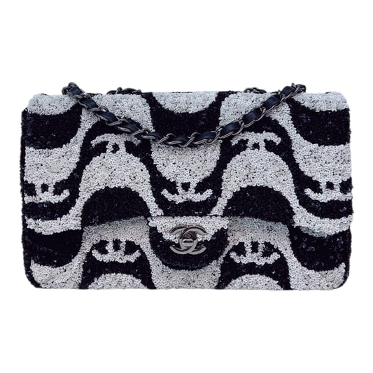 DARK BLUE AND WHITE SEQUINS MEDIUM FLAP BAG