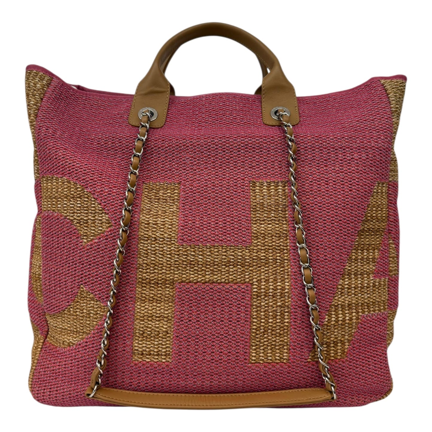 PINK AND TAN RAFFIA MAXI DEAUVILLE SHOPPING TOTE