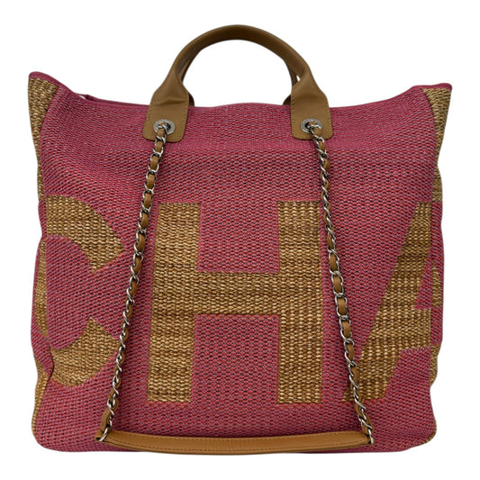 PINK AND TAN RAFFIA MAXI DEAUVILLE SHOPPING TOTE