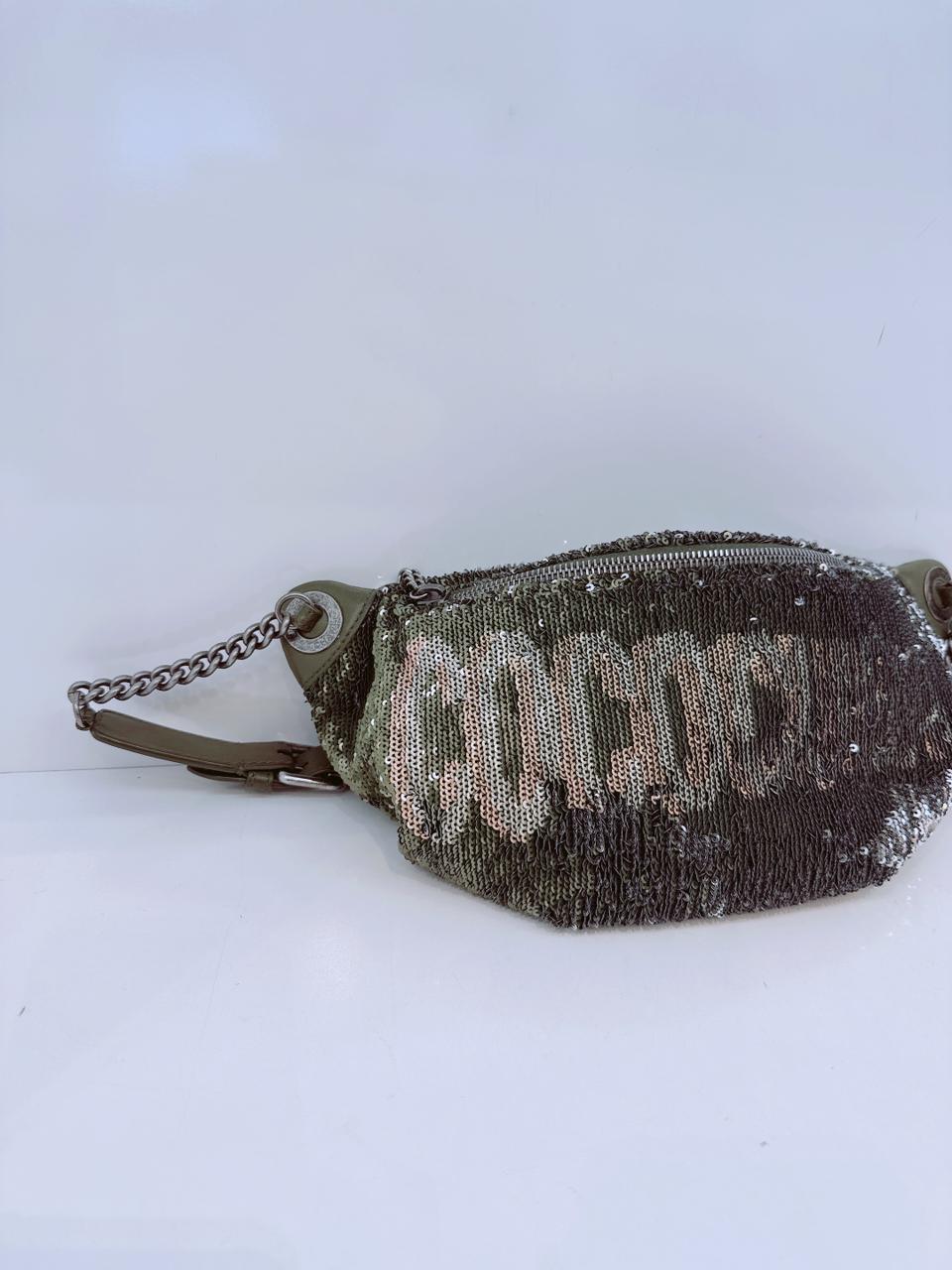 KHAKI GREEN LEATHER AND SEQUINS COCO CUBA WAIST BAG