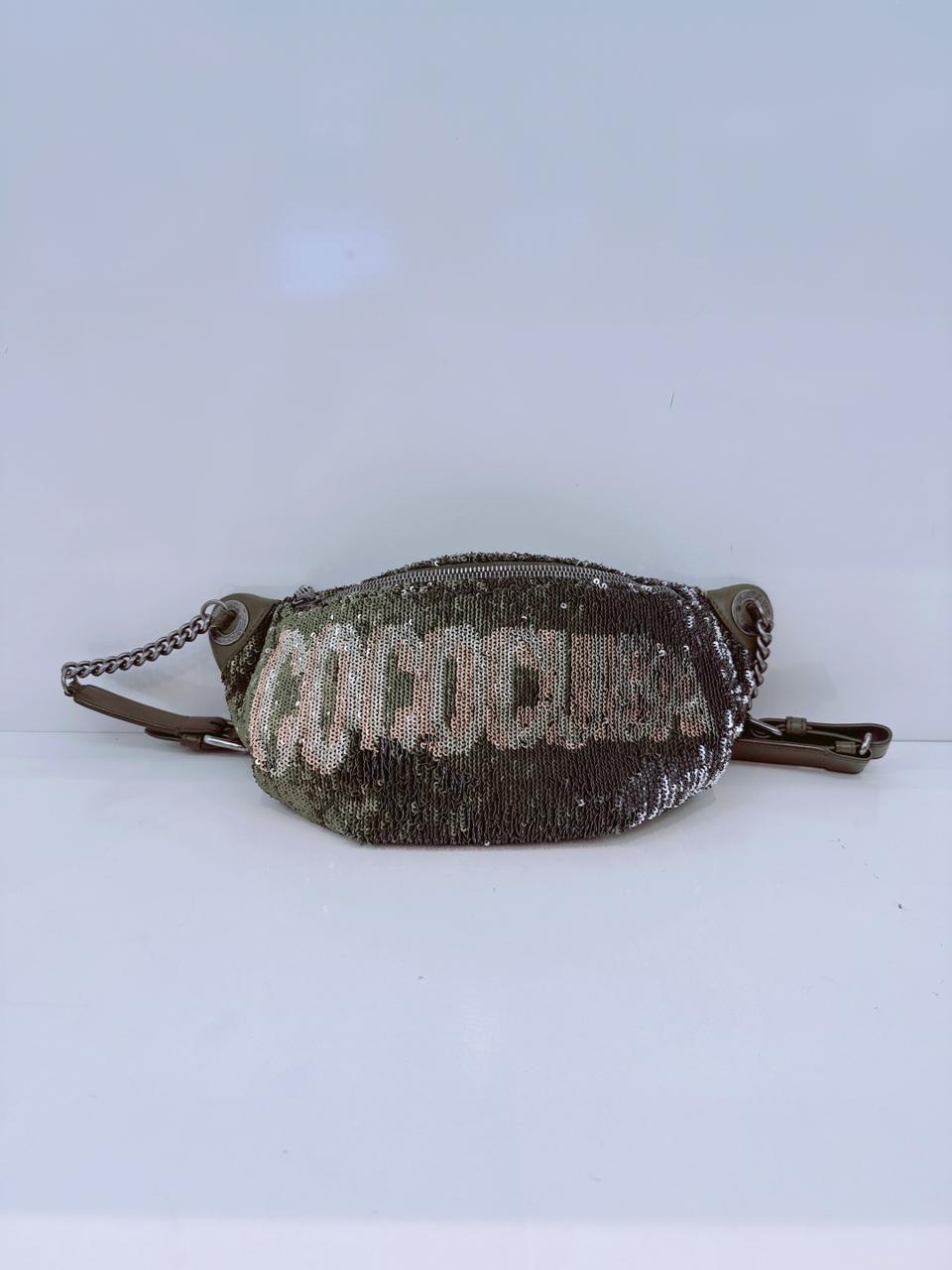 KHAKI GREEN LEATHER AND SEQUINS COCO CUBA WAIST BAG