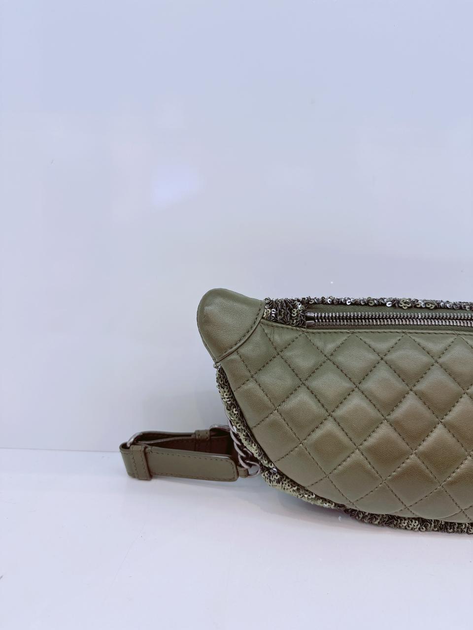 KHAKI GREEN LEATHER AND SEQUINS COCO CUBA WAIST BAG