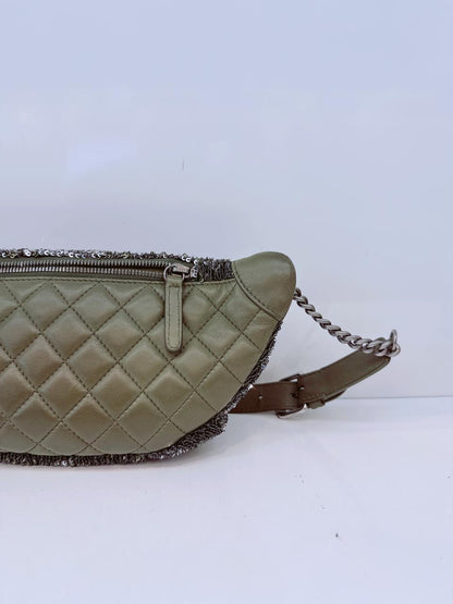 KHAKI GREEN LEATHER AND SEQUINS COCO CUBA WAIST BAG