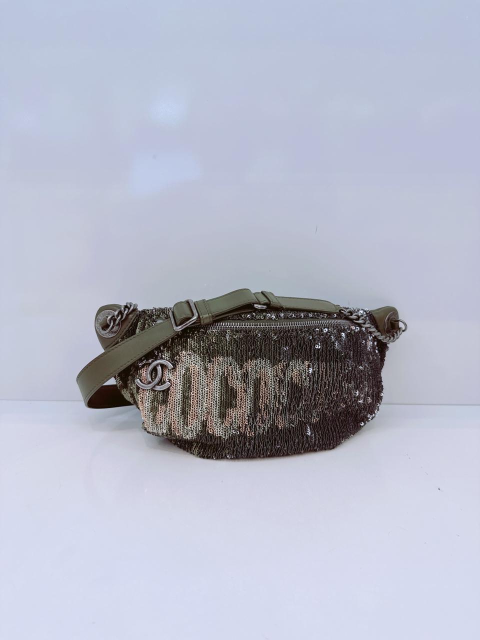 KHAKI GREEN LEATHER AND SEQUINS COCO CUBA WAIST BAG