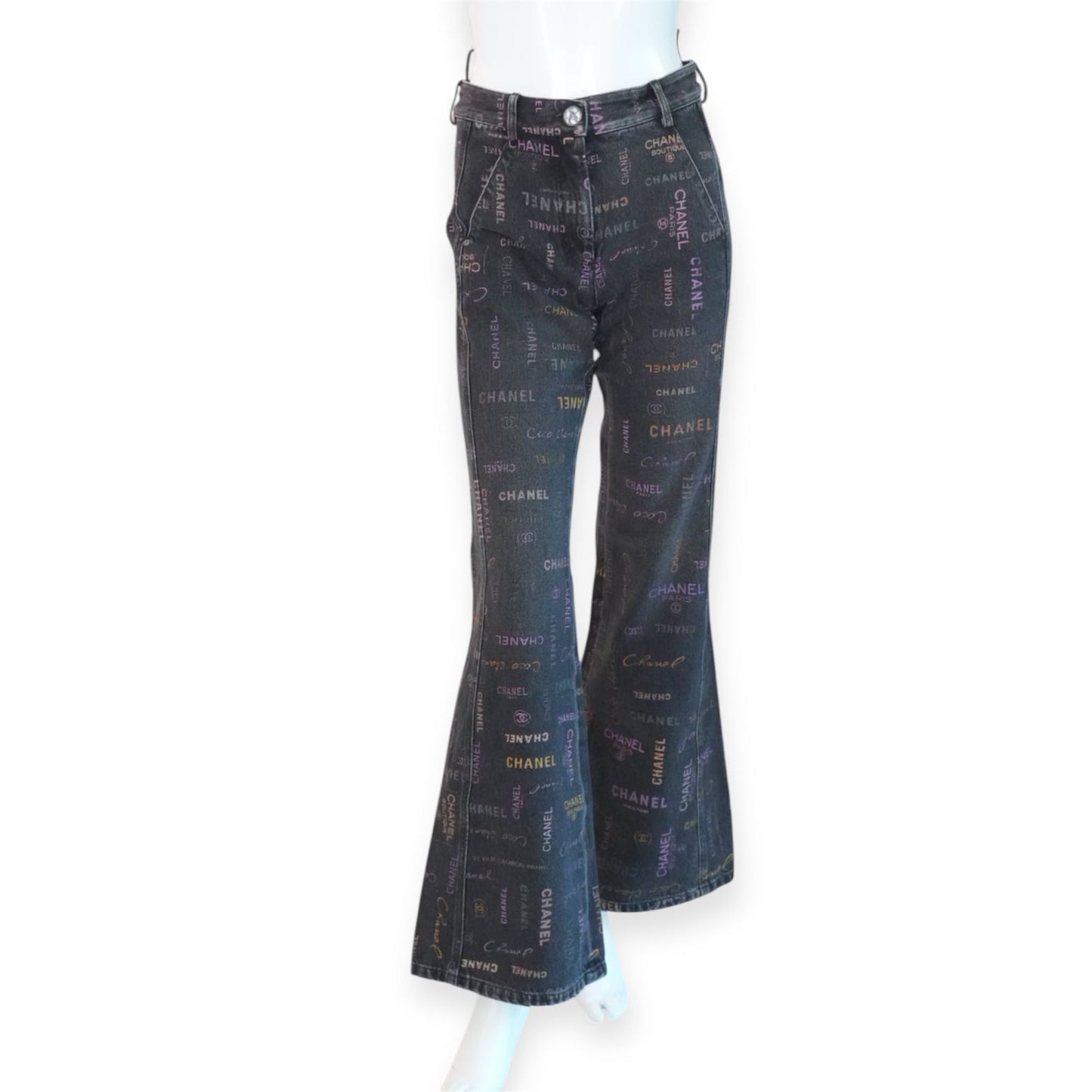 BLACK LOGO PRINT DENIM WIDE LEG JEANS 36