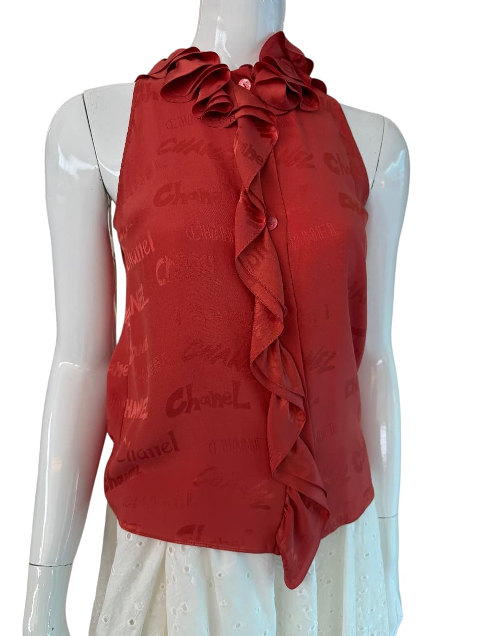 CORAL RED LOGO RUFFLED SLEEVELESS SILK TOP 36