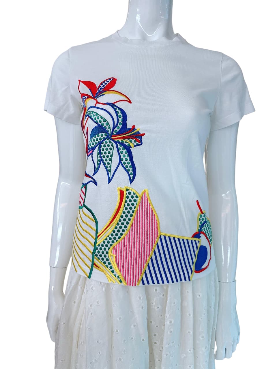 WHITE PRINTED COTTON T-SHIRT S