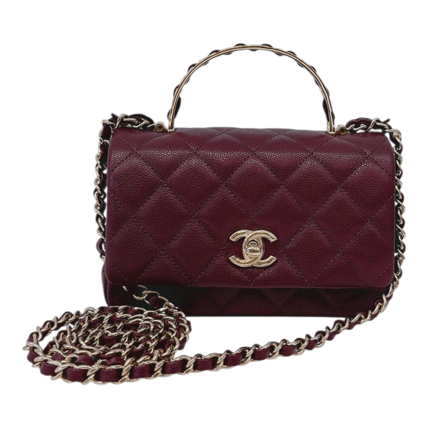 BURGUNDY GRAINED SHINY CALFSKIN LEATHER MINI FLAP BAG WITH TOP HANDLE