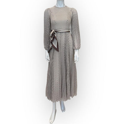 SUNRAY BELTED PLEATED POLKA-DOT MIDI DRESS 0