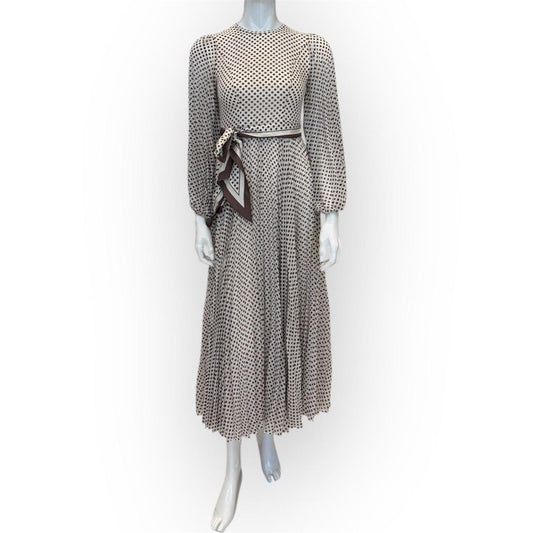 SUNRAY BELTED PLEATED POLKA-DOT MIDI DRESS 0