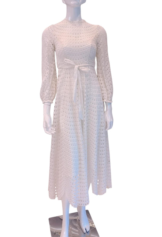 WHITE BRODERIE ANGLAISE COTTON BELTED MAXI DRESS 0