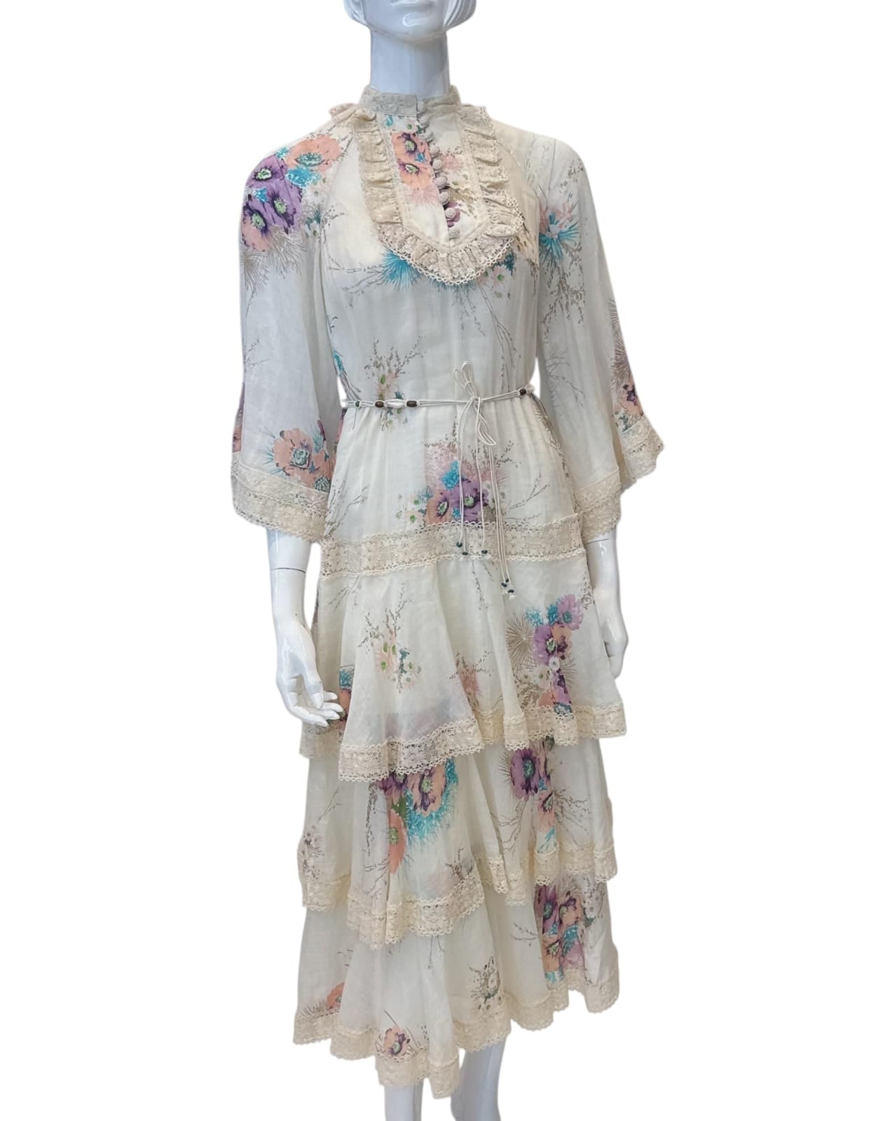 OFF WHITE FLORAL RAMIE TIERED MIDI DRESS 0
