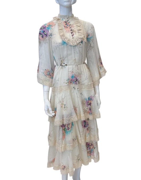 OFF WHITE FLORAL RAMIE TIERED MIDI DRESS 0