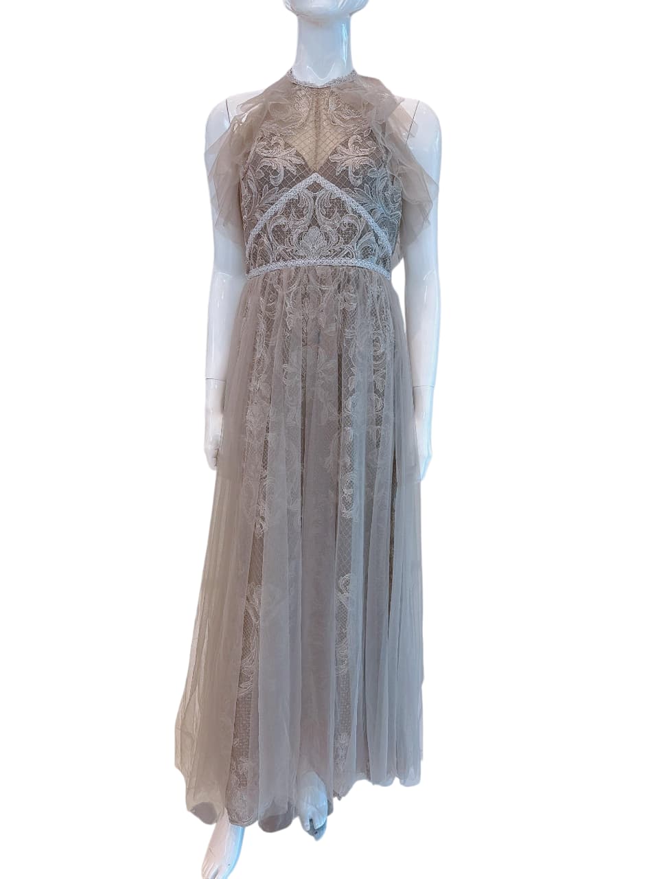 GREY TULLE HALTERNECK GOWN