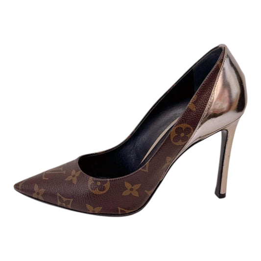 BROWN GOLD MONOGRAM CANVAS AND LEATHER CHERIE PUMPS 36.5