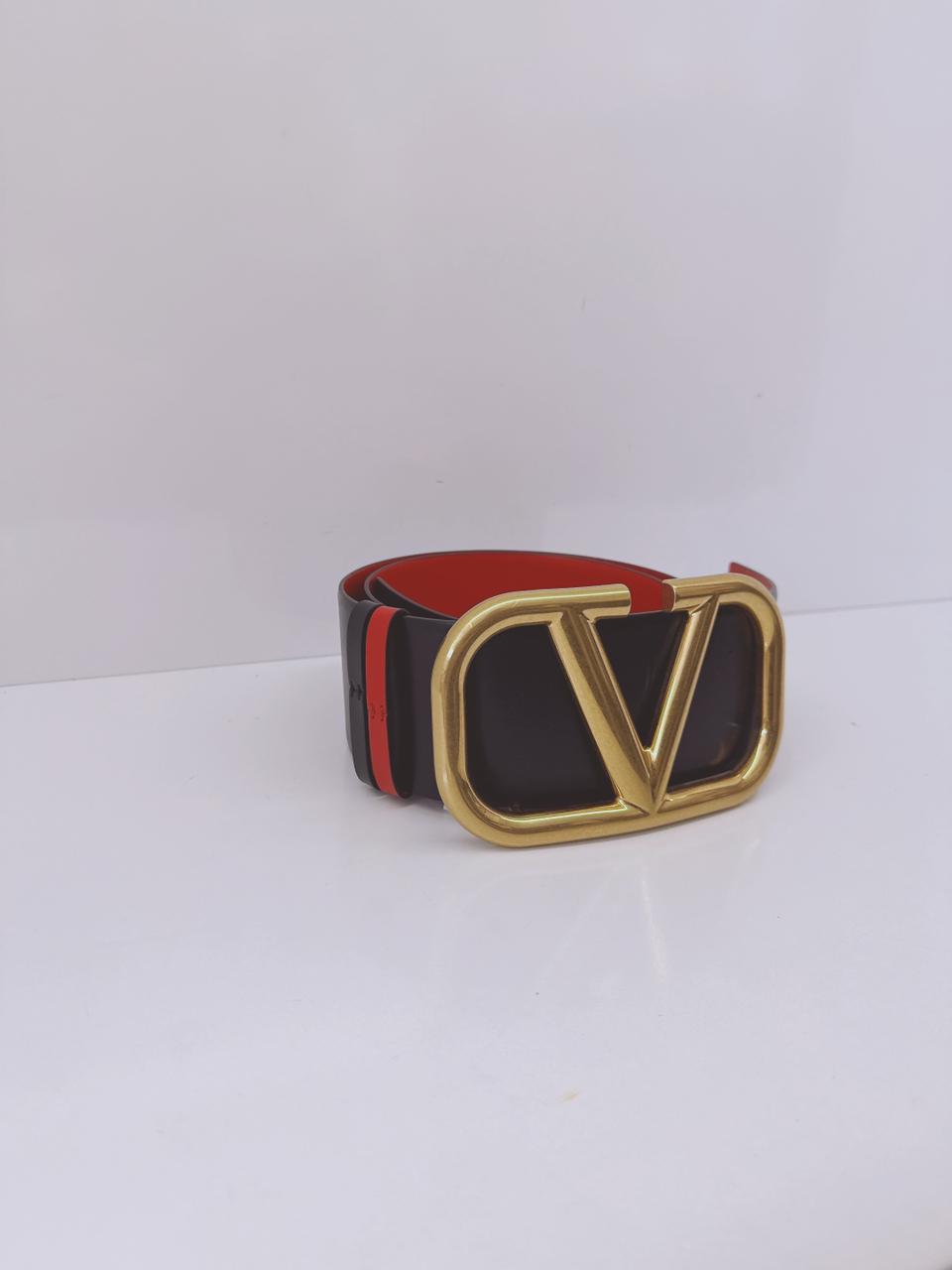 BLACK RED LEATHER VLOGO REVERSIBLE WAIST BELT 90/36